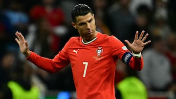 Portugal's forward #07 Cristiano Ronaldo reacts during the UEFA Nations League final football match between Portugal and Spain in Munich, southern Germany on June 8, 2025. (Photo by Tobias SCHWARZ / AFP)