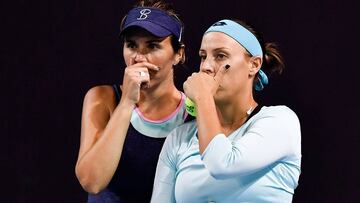 BEIJING, CHINA - OCTOBER 02:  Andreja Klepac of Slovenia and Maria Jose Martinez Sanchez of Spain talk tactics against Zhaoxuan Yang of China and Shuko Aoyama of Japan during their Women&#039;s Double First round match during the 2017 China Open at the China National Tennis Centre on October 2, 2017 in Beijing, China.  (Photo by Etienne Oliveau/Getty Images)