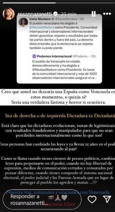 Rosanna Zanetti le pone las cosas claras a Irene Montero por Maduro: 25 a?os secuestrando al pas