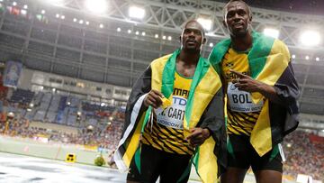 Usain Bolt junto a Nesta Carter en los Mundiales de Mosc&uacute; 2013. 