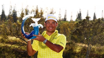 KAPALUA, HAWAII - JANUARY 05: Hideki Matsuyama of Japan poses with the trophy after winning The Sentry 2025 at Plantation Course at Kapalua Golf Club on January 05, 2025 in Kapalua, Hawaii. Matsuyama sets the PGA TOUR record for lowest 72-hole score to par with -35. Maddie Meyer/Getty Images/AFP (Photo by Maddie Meyer / GETTY IMAGES NORTH AMERICA / Getty Images via AFP)