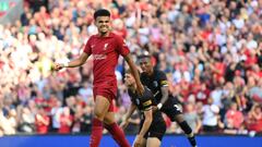 LIVERPOOL, ENGLAND - AUGUST 27: Luis Diaz of Liverpool reacts to their team's sixth goal, an own goal by Chris Mepham of AFC Bournemouth (not pictured) during the Premier League match between Liverpool FC and AFC Bournemouth at Anfield on August 27, 2022 in Liverpool, England. (Photo by Michael Regan/Getty Images)