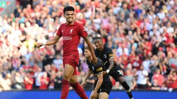 LIVERPOOL, ENGLAND - AUGUST 27: Luis Diaz of Liverpool reacts to their team's sixth goal, an own goal by Chris Mepham of AFC Bournemouth (not pictured) during the Premier League match between Liverpool FC and AFC Bournemouth at Anfield on August 27, 2022 in Liverpool, England. (Photo by Michael Regan/Getty Images)