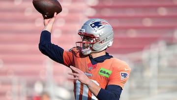 STANFORD, CALIFORNIA - FEBRUARY 04: Quarterback Drake Maye #10 of the New England Patriots participates in drills during practice prior to Super Bowl LX at Stanford Stadium on February 04, 2026 in Stanford, California. Thearon W. Henderson/Getty Images/AFP (Photo by Thearon W. Henderson / GETTY IMAGES NORTH AMERICA / Getty Images via AFP)