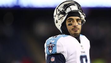 FOXBOROUGH, MA - JANUARY 13: Marcus Mariota #8 of the Tennessee Titans reacts after the AFC Divisional Playoff game against the New England Patriots at Gillette Stadium on January 13, 2018 in Foxborough, Massachusetts.   Elsa/Getty Images/AFP
 == FOR NEWSPAPERS, INTERNET, TELCOS &amp; TELEVISION USE ONLY ==