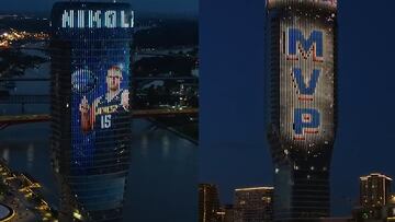 La torre de Belgrado en Serbia proyecta la imagen de Nikola Jokic tras ganar las finales de la NBA