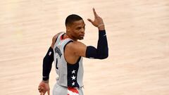 WASHINGTON, DC - MAY 16: Russell Westbrook #4 of the Washington Wizards celebrates after a play against the Charlotte Hornets during the first half at Capital One Arena on May 16, 2021 in Washington, DC. NOTE TO USER: User expressly acknowledges and agrees that, by downloading and or using this photograph, User is consenting to the terms and conditions of the Getty Images License Agreement.   Will Newton/Getty Images/AFP
 == FOR NEWSPAPERS, INTERNET, TELCOS &amp; TELEVISION USE ONLY ==