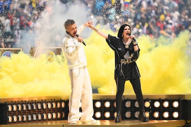 Robbie Williams y Laura Pausini cantaron en el show previo a la final de la Copa Mundial de Clubes FIFA 2025 entre Chelsea FC vs. Paris Saint-Germain en MetLife Stadium. (David Ramos/Getty Images/AFP)
