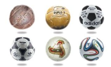 Muestra de la evolución de los balones en el Mundial a lo largo de la historia.