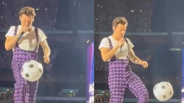 Harry Styles muestra su habilidad para el futbol en presentación en vivo