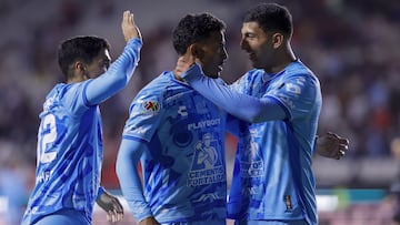 John Batista de Souza celebrate his goal 1-1 with Bryan Gonzalez of Pachuca during the 9th round match between Pachuca and Puebla as part of the Liga BBVA MX, Torneo Clausura 2025 at Hidalgo Stadium, on February 26, 2025 in Pachuca, Hidalgo, Mexico.