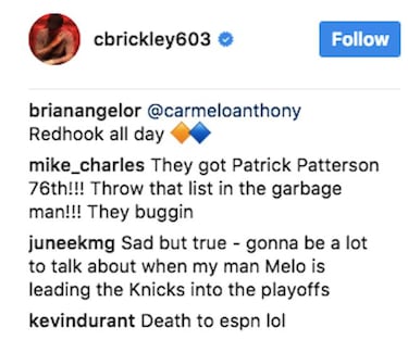 Carmelo, nº64 del Top-100 de ESPN: "Falta de respeto evidente"