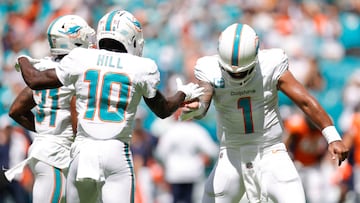 MIAMI GARDENS, FLORIDA - SEPTEMBER 24: Tua Tagovailoa #1 of the Miami Dolphins reacts after a touchdown during the first quarter against the Denver Broncos at Hard Rock Stadium on September 24, 2023 in Miami Gardens, Florida.   Carmen Mandato/Getty Images/AFP (Photo by Carmen Mandato / GETTY IMAGES NORTH AMERICA / Getty Images via AFP)