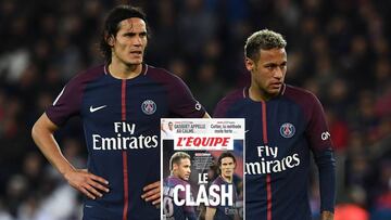 Paris Saint-Germain&#039;s Uruguayan forward Edinson Cavani (L) and Paris Saint-Germain&#039;s Brazilian forward Neymar react during the French Ligue 1 football match between Paris Saint-Germain (PSG) and Lyon (OL) at the Parc des Princes stadium in Paris.  / AFP PHOTO / FRANCK FIFE