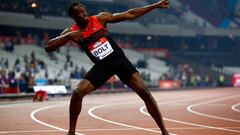 Usain Bolt celebrates after winning the mens 200m in London. 