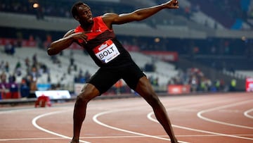 Usain Bolt celebrates after winning the mens 200m in London. 