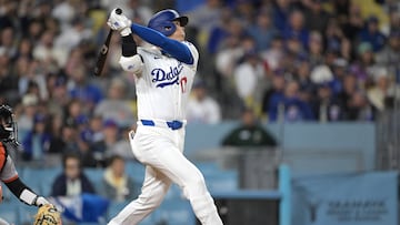 Apr 2, 2024; Los Angeles, California, USA; Los Angeles Dodgers designated hitter Shohei Ohtani (17) flies out in the third inning against the San Francisco Giants at Dodger Stadium. Mandatory Credit: Jayne Kamin-Oncea-USA TODAY Sports