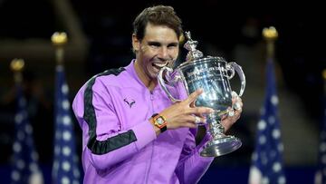 NEW YORK, NEW YORK - SEPTEMBER 08: Rafael Nadal of Spain celebrates with the championship trophy during the trophy presentation ceremony after winning his Men&#039;s Singles final match against Daniil Medvedev of Russia on day fourteen of the 2019 US Open at the USTA Billie Jean King National Tennis Center on September 08, 2019 in the Queens borough of New York City.   Matthew Stockman/Getty Images/AFP
 == FOR NEWSPAPERS, INTERNET, TELCOS &amp; TELEVISION USE ONLY ==