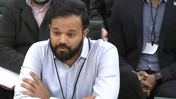A video grab from footage broadcast by the UK Parliament's Parliamentary Recording Unit (PRU) shows former Yorkshire cricketer Azeem Rafiq testifying in front of a Digital, Culture, Media and Sport (DCMS) Committee in London on November 16, 2021 as M