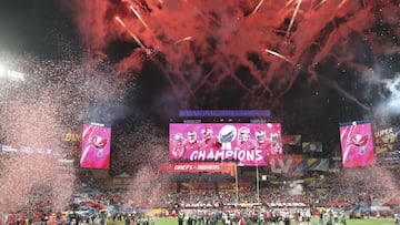 07 February 2021, US, Tampa: Fireworks can be seen in the sky in celebration after the Tampa Bay Buccaneers wins the NFL Super Bowl 2021 football match against Kansas City Chiefs at Raymond James Stadium. Photo: Dirk Shadd/Tampa Bay Times via ZUMA Wire/dp