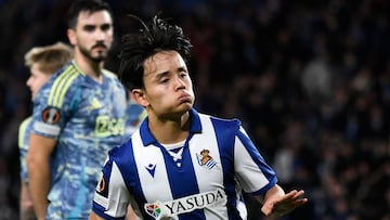 Real Sociedad's Japanese forward #14 Takefusa Kubo celebrates scoring his team's second goal during the UEFA Europa League 1st round day 5 football match between Real Sociedad and Ajax Amsterdam at the Anoeta stadium in San Sebastian on November 28, 2024. (Photo by ANDER GILLENEA / AFP)