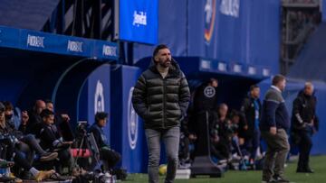 Eder Saravia coach of FC Andorra looks on during the LaLiga Smartbank match between FC Andorra v Malaga CF at Estadi Nacional in Andorra La Vella, Andorra, on April 2, 2023. (Photo by Martin Silva Cosentino/NurPhoto via Getty Images)