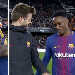 Yerry Mina ya se deja querer en el Barça: Piqué y Umtiti le felicitan
