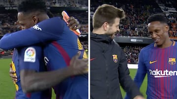 Yerry Mina ya se deja querer en el Barça: Piqué y Umtiti le felicitan