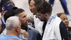 Sergio Ramos Garcia (L), Spanish footballer for La Liga Club Sevilla talks with Dallas Mavericks guard Luka Doncic (R) after the NBA Finals game four between the Boston Celtics and the Dallas Mavericks in Arlington, Texas, USA, 14 June 2024.