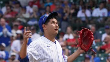 CHICAGO, ILLINOIS - AUGUST 23: Javier Assad #72 of the Chicago Cubs reacts after being removed during the fifth inning of Game One of a doubleheader against the St. Louis Cardinals at Wrigley Field on August 23, 2022 in Chicago, Illinois. (Photo by Nuccio DiNuzzo/Getty Images)