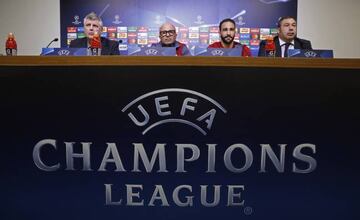 Britain Football Soccer - Sevilla Press Conference - King Power Stadium, Leicester, England - 13/3/17 Sevilla coach Jorge Sampaoli and Adil Rami during the press conference