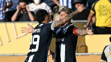 Monterrey's Spanish defender #93 Sergio Ramos (R) celebrates after scoring the opening goal with teammate Monterrey's Argentine forward #29 Lucas Ocampos during the FIFA Club World Cup 2025 Group E football match between Mexico's Monterrey and Italy's Inter Milan at the Rose Bowl stadium in Pasadena on June 17, 2025. (Photo by YURI CORTEZ / AFP)