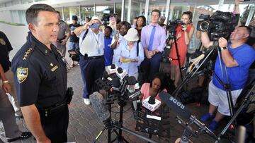 Jacksonville Sheriff Mike Williams addresses the media across the street from the scene of a multiple shooting at The Jacksonville Landing during a video game tournament, Sunday, Aug. 26, 2018, in Jacksonville, Fla. (Will Dickey/The Florida Times-Union via AP)