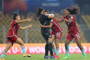 GOA, INDIA - OCTOBER 26: Player of Colombia celebrating after winning the FIFA U-17 Women's World Cup 2022 Semi Final match between Nigeria and Colombia at Pandit Jawaharlal Nehru Stadium on October 26, 2022 in Goa, India. (Photo by Joern Pollex - FIFA/FIFA via Getty Images)