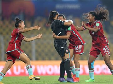 GOA, INDIA - OCTOBER 26: Player of Colombia celebrating after winning the FIFA U-17 Women's World Cup 2022 Semi Final match between Nigeria and Colombia at Pandit Jawaharlal Nehru Stadium on October 26, 2022 in Goa, India. (Photo by Joern Pollex - FIFA/FIFA via Getty Images)