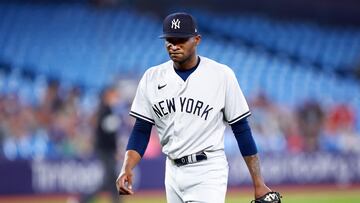 TORONTO, ON - MAY 16: Domingo German #0 of the New York Yankees walks to the dugout in the second inning against the Toronto Blue Jays at Rogers Centre on May 16, 2023 in Toronto, Ontario, Canada.   Vaughn Ridley/Getty Images/AFP (Photo by Vaughn Ridley / GETTY IMAGES NORTH AMERICA / Getty Images via AFP)