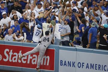 New York Yankees left fielder Alex Verdugo is out of reach over the left field fence.