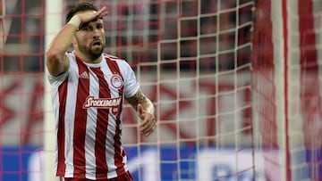 (FILES) In this file photo taken on September 18, 2019 Olympiakos' French midfielder Mathieu Valbuena celebrates scoring a goal during the UEFA Champions League Group B football match Olympiakos vs Tottenham Hotspur at the Georgios Karaiskakis Stadiu