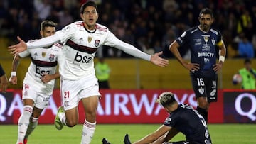 Flamengo&#039;s Pedro Guilherme Abreu celebrates after scoring a goal during the Recopa Sudamericana 2020 football match between Brazil&#039;s CR Flamengo and Ecuador&#039;s Independiente del Valle at Olimpico Atahualpa stadium in Quito, Ecuador, on Febru