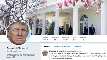 FOTO DE ARCHIVO: La cabecera de la cuenta de Twitter @realDonaldTrump del presidente de Estados Unidos, Donald Trump, con un mensaje sobre la pol&iacute;tica de la OPEP se ve el 20 de abril de 2018.