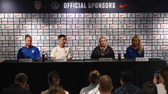 (L to R) Walker Zimmerman, US Olympic men�s soccer team head coach Marko Mitrovic, US Olympic women�s soccer head coach Emma Hayes and player Lindsey Horan speak during a US Olympic women's and men's team press conference in New York on July 8, 2024. (Photo by ANGELA WEISS / AFP)