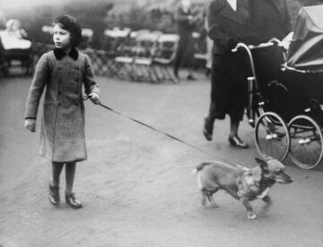 Isabel paseando a uno de sus perros Corgi en el Hyde Park de Londres.