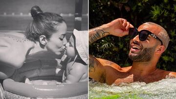 Aurah Ruiz con su hijo Nyan en una piscinita y Jes&eacute; Rodr&iacute;guez en Miami.