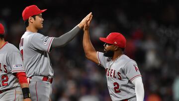 Jun 24, 2023; Denver, Colorado, USA; Los Angeles Angels designated hitter Shohei Ohtani (17) high fives Los Angeles Angels second baseman Luis Rengifo (2) after the win over the Colorado Rockies at Coors Field. Mandatory Credit: John Leyba-USA TODAY Sports