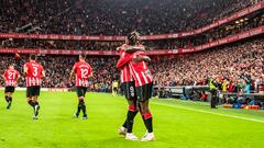 BILBAO, 02/12/2023.- El delantero del Athletic Club de Bilbao Nico Williams celebra marcar el cuarto gol del equipo bilbaíno, durante el partido de Liga en Primera División ante el Rayo Vallecano que disputan este sábado en el estadio de San Mamés, en Bilbao. EFE/Javier Zorrilla
