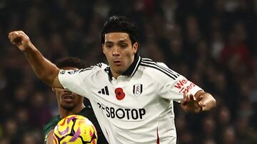 Fulham's Mexican striker #07 Raul Jimenez controls the ball during the English Premier League football match between Fulham and Brentford at Craven Cottage in London on November 4, 2024. (Photo by HENRY NICHOLLS / AFP) / RESTRICTED TO EDITORIAL USE. No use with unauthorized audio, video, data, fixture lists, club/league logos or 'live' services. Online in-match use limited to 120 images. An additional 40 images may be used in extra time. No video emulation. Social media in-match use limited to 120 images. An additional 40 images may be used in extra time. No use in betting publications, games or single club/league/player publications. /