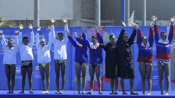 Itzamary Gonzalez, Diego Villalobos of Mexico during the mixed duo Technical Artistic Swimming competition, at the San Salvador 2023 Central American and Caribbean Games, at the Aquatic Center, on June 25, 2023.
<br><br>
Itzamary Gonzalez, Diego Villalobos de Mexico durante la competencia de Natacion Artistica Tecnica de duo mixto, en los Juegos Centroamericanos y del Caribe San Salvador 2023, en el Centro Acuatico, el 25 de junio de 2023.
