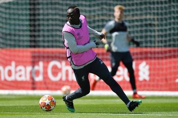 Liverpool striker Sadio Mané training at Melwood yesterday