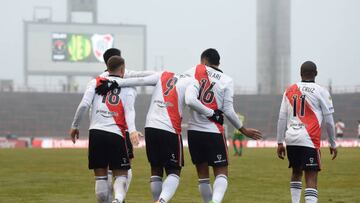 MAR DEL PLATA, ARGENTINA - JULY 24: Miguel Borja (C) of River Plate celebrates with teammates after scoring the third goal of his team during a match between Aldosivi and River Plate as part of Liga Profesional 2022 at Estadio Jose Maria Minella on July 24, 2022 in Mar del Plata, Argentina. (Photo by Rodrigo Valle/Getty Images)