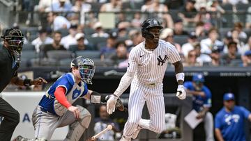 Sep 6, 2025; Bronx, New York, USA; New York Yankees second baseman Jazz Chisholm Jr. (13) hits a single against the Toronto Blue Jays during the second inning at Yankee Stadium. Mandatory Credit: John Jones-Imagn Images